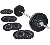 Signature Fitness Placas de peso estándar de hierro fundido que incluyen barra estándar de 5 pies con cerraduras de estrella, juego de 95 libras (placas de 85 libras + barra de 10 libras), múltiples
