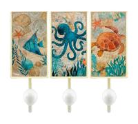 SIGNES GRIMALT Ganchos de Pared Marinos Pez Pulpo y Tortuga, 3 Diseños | Placa rectangular metálica en turquesa y beige con corales y conchas, pomo de cerámica blanca, para toallas o bolsas de playa