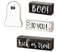 Signo de bloque de madera de Halloween - señales de decoración de bandeja rústica fantasma | Sign centro de mesa de Halloween Woodens | Cartel de mesa Toppers Trick o Treat | Decoraciones de conjuntos