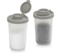 SIGNORAWARE - Juego de 2 saleros y pimenteros a prueba de humedad para ir de campamento, picnic, al aire libre, cocina, loncheras, viajes, especias, transparente con tapas grises, dispensador