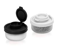 SIGNORAWARE - Juego de 2 saleros y pimenteros a prueba de humedad, pequeños saleros para ir de camping, picnic, al aire libre, cocina, loncheras, viajes, especias, transparente con cubiertas rojas