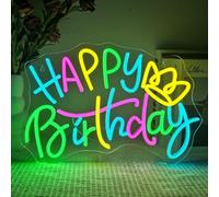 SIGNSHIP Happy Birthday Crown Neon Sign, Letrero LED de Cumpleaños Regulable para Decoración de Paredes,Luces Neon de Letras LED para Decoración de Paredes, Decoración de Fiestas de Cumpleaños