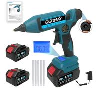 SIGOMAY Pistola de Silicona Caliente Inalámbrica 110W, Kit con 2x Baterías 4.0Ah, Pantalla LCD con Control de Temperatura y Batería, Función de Memoria, 100-200°C, Compatible con Batería Makita 18V