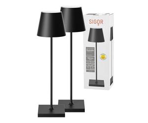 SIGOR Nuindie 2.0 - Juego de 2 lámparas LED de mesa regulables para interiores y exteriores, IP54, protección contra salpicaduras, altura 38 cm, recargable con USB-C, 12 horas de duración, color negro