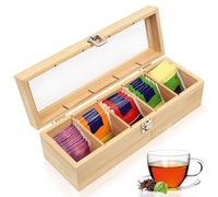 SiGuLiKeJi Caja Infusiones Madera, Caja Te de Madera con 5 Compartimentos, Cajas de Té de Maderas con Ventana, Cajas para Infusiones y Bolsitas de Te Especias Café, 30 x 10 x 9 cm