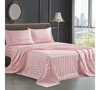 SiinvdaBZX 4 sábanas de satén con Estampado a Rayas, Estilo Italiano, Suaves y sedosas, de satén Rosa Rubor con Bolsillo Profundo, 1 sábana Bajera, 1 sábana encimera, 2 Fundas de Almohada con Cierre