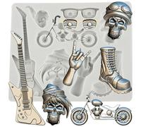 Sijiangmold Hip Hop Moldes de Silicona Guitarra Fondant Moldes Motocicleta Gafas Cráneo Pirata Molde de Chocolate para Decoración de Pasteles Cupcake Topper Candy Polímero Clay Gum Paste