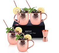 SIKITUT Moscow Mule Copper Mugs, Moscow Mule Tazas Juego de 4, Copas de Cobre Martillado Hecho a Mano, con 1 Vaso de Chupito y 4 Pajitas, Oro Rosa