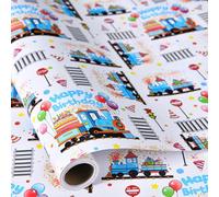 Sikiweiter Rollo de papel de regalo, mini rollo de 17 pulgadas x 16.4 pies, papel de regalo de cumpleaños para niñas y niños (cumpleaños de tren)