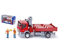 siku 3534 Camión con zona de carga y grúa, Incl. 2 figuras de juguete y 12 barreras de tráfico, 1:50, Metal/Plástico, Rojo