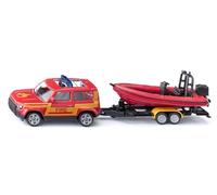 Siku - Land Rover Defender con barco - Rojo - Camión de bomberos SUV - Libre de PVC y metal - Diversión sin fin - Juguete a pequeña escala - Construcción estable - a partir de 3 años - SK-1608
