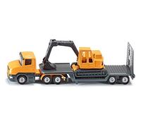 Siku 1611, Camión de Plataforma Baja con Excavadora, Metal/Plástico, Amarillo/Gris, Apertura de portón Posterior, Remolque Desmontable