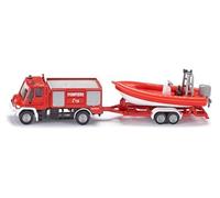 Siku 1636 Bomberos Unimog con Barco, 1:87, Metal/plástico, Rojo, camión de Bomberos y Barco Flotante, neumáticos de Goma, Enganche de Remolque
