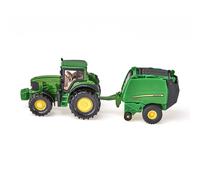 siku 1665, John Deere Tractor with Round Baler and 2 Bales, Metal/Plastic, Green