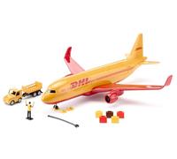 Siku 1702 DHL - Avión de Carga de plástico con Accesorios, Color Rojo y Amarillo, Modelo de Juguete, Incluye Carro de Equipaje, Barra de Remolque, Pastillas de Freno y Controlador de tráfico aéreo