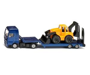 Siku 1761, camión Man con Remolque de Plataforma Baja y retroexcavadora, 1:87, Metal/plástico, Azul/Amarillo, Set de Juguetes, Remolque de Plataforma Baja desacoplable, Brazos excavadores móviles
