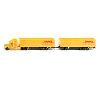 Siku 1806, Freightliner DHL Road Train, Tractor con semirremolque y Remolque, 1:87, Metal/plástico, Amarillo, semirremolque desacoplable, Puertas del Remolque abatibles
