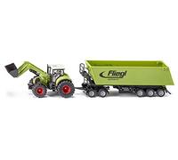siku 1949, Tractor Claas Axion con cargador frontal, dolly y remolque basculante, 1:50, Metal/Plástico, Verde, Brazo de carga y pala móviles, Caja basculante