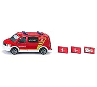 siku 2116, VW T6 Ambulancia de emergencia, Metal/plástico, 1:50, Rojo/blanco, Ruedas intercambiables, Puerta del conductor y del acompañante y portón de atrás abribles, Incl. accesorios