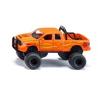 Siku 2358, Dodge RAM 1500 con neumáticos Globo, Coche de Juguete, 1:50, Metal/Plástico, Negro/Naranja, Ruedas Intercambiables, Puerta, capó y portón Posterior abribles