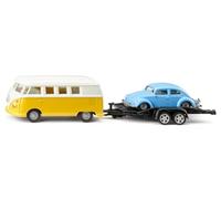 Siku 2567, VW T1 Samba con Remolque de Transporte y VW Escarabajo, 1:50, Metal/Plástico, Multicolor, Superficie de Carga Abatible