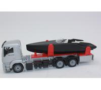 siku 2715 Camión con lancha motora, Barco de juguete flotante, 1:50, Metal/Plástico, Plateado/Negro