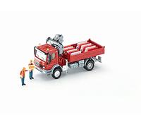 siku 3534 Camión con zona de carga y grúa, Incl. 2 figuras de juguete y 12 barreras de tráfico, 1:50, Metal/Plástico, Rojo
