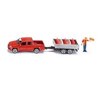siku 3543 Coche Pick-up con remolque volquete, Incl. figura de juguete y 5 barreras de tráfico, 1:55, Metal/Plástico, Rojo