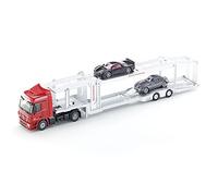 siku 3934 Camión de transporte de coches, Incl. 2 coches de juguete, Semirremolque desmontable, 1:50, Metal/Plástico, Rojo/Plateado