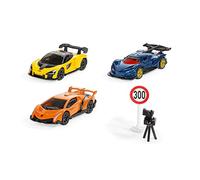 siku 6328, Set de regalo de Supercars, Lamborghini Veneno, Apollo I.E., McLaren Senna, Piezas móviles, Incluye señal de tráfico y cámara de velocidad