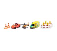 Siku 6332, Set de vehículos de Rescate, Ambulancia VW Beetle, Vehículo de Salvamento Mercedes, Helicóptero de Rescate, Set de Juguete, Plástico/Metal, Multicolor, Incluye 2 balizas y 2 Conos