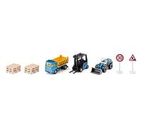 siku 6336, Set de regalo de construcción, Incl. camión, carretilla elevadora, pala cargadora, 6 paletas, 2 señales de tráfico, Metal/Plástico, Amarillo/Azul, Piezas móviles