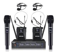 SIKUING Sistema de micrófono inalámbrico UHF de 4 canales con micrófonos de auriculares Lavalier, frecuencias ajustables de 4 x 50, ideal para karaoke, reuniones de iglesia, rango de 300 pies (2 de