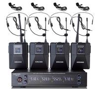 SIKUING Sistema de micrófono inalámbrico UHF de 4 canales con micrófonos Lavalier, frecuencias ajustables de 4 x 50, ideal para karaoke, reuniones, iglesia, rango de 300 pies (4 unidades)