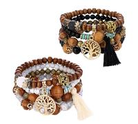 Sikweny 2 Piezas Pulsera Personalizada Mujer Bracelet Conjunto Bohemio Pulseras de Chakra Braccialetti da Donna Con Albero Della Vita Cuentas Madera Boho Surfer Para Mujer y Hombre (Negro, Beige)