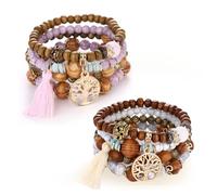 Sikweny 2 Piezas Pulsera Personalizada Mujer Bracelet Conjunto Bohemio Pulseras de Chakra Braccialetti da Donna Con Albero Della Vita Cuentas Madera Boho Surfer Para Mujer y Hombre (Rosa, Beige)