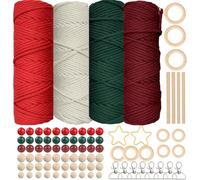 SILARLAIT Kit Hilo Macrame 3mm para Navidad, 4 Bobinas 50m Cuerda Macrame con 84 Accesorios, 60 Cuentas, 8 Llaveros, 10 Anillas, 2 Estrellas, 4 Palitos, Kit Completo Macrame para Decoración Navideña