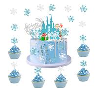 Silars Topper Tarta Cumpleaños Copos de Nieve, 22pz Decoracion Tarta Frozen Happy Birthday Decoracion, incluido Topper de Pastel de Castillo y Topper de Pastel de Copos de Nieve para Fiesta