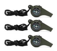 Silbato de supervivencia 3 en 1 con brújula y termómetro, herramienta de señalización de plástico fuerte para senderismo, camping, mochilero, verde militar, 60 mm (3 piezas)