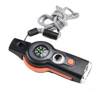 Silbato de supervivencia 7 en 1 al aire libre Camping Senderismo Herramienta de seguridad multifunción con luz LED para brújula lupa reflector termómetro almacenamiento sellado llavero compacto gris