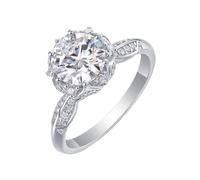 Silberne Ringe, Ring Damen Vintage Eleganter Ring mit Krone und Rundem Moissanit 2 Karat Platin Größe 56 (17.8)