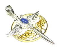 Silberschmuck - BG Colgante de espada del Arcángel Miguel de plata de ley 925 parcialmente chapada en oro con piedra lapislázuli símbolo protector, unisex