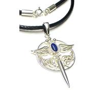 Silberschmuck - BG Colgante de plata de ley con diseño de espada del Arcángel Miguel con piedra lapislázuli con cinta textil negra