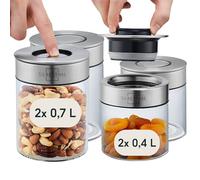 SILBERTHAL Set 4 Botes cocina almacenaje - Hermeticos y antipolillas de vidrio y acero inoxidable - 2x400ml + 2x700ml - Tarros despensa