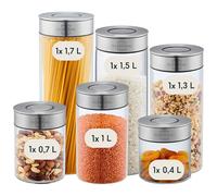 SILBERTHAL Set 6 Botes cocina almacenaje - Hermeticos y antipolillas - Vidrio y acero inoxidable - 1700ml 1500ml 1300ml 1000m 700ml y 400ml - Tarros despensa