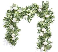 Sileduove Guirnalda de eucalipto artificial con rosas blancas de 6.5 pies, camino de mesa de boda, decoración del hogar