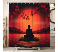 Silhouette - Cortina de ducha, diseño de hojas de arce meditativas zen, sol, otoño, rojo, lavable, con ganchos, diseño impreso, para baño, decoración de habitación de invitados, 72 x 84 pulgadas
