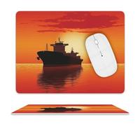 Silhouette of The Tanker Ship on Red Sunrise, alfombrilla de mouse con textura de primera calidad, bordes cosidos, resistente al agua, para jugadores, oficina y hogar, alfombrilla de mouse cuadrada