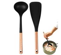 Silicone Cooking Spoons, Household Wooden Handle Spatula Spoon, 35x12.1cm Silicone Heat Resistant Non Stick Kitchen Utensils, Cooking Tool for Scooping, Flipping, Holding
