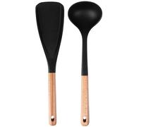 Silicone Cooking Spoons, Wooden Handle Kitchen Spatula Set, Heat-Resistant Utensils with s for Scooping, Flipping, Holding, Stirring, Daily Meal Prep, Black